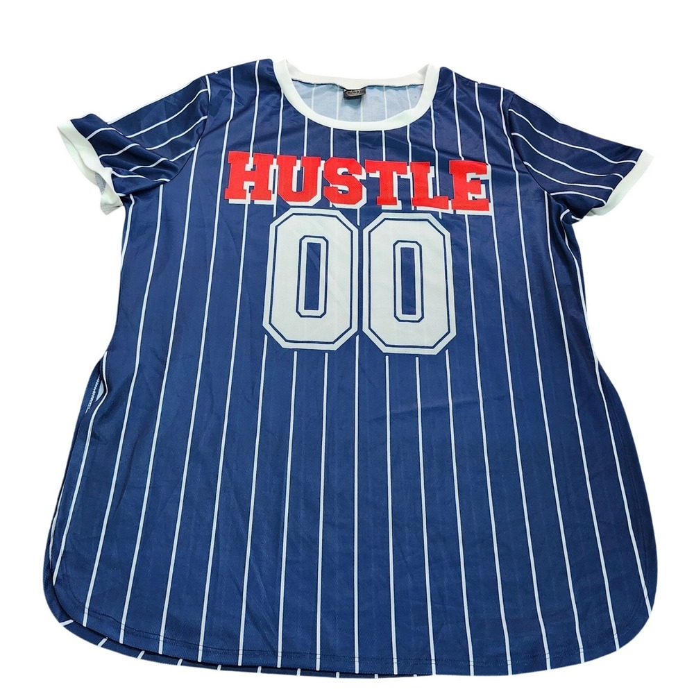 HUSTLE 00 Jersey Shirt Womens 3X Blue Pinstripe Streetwear Hip Hop